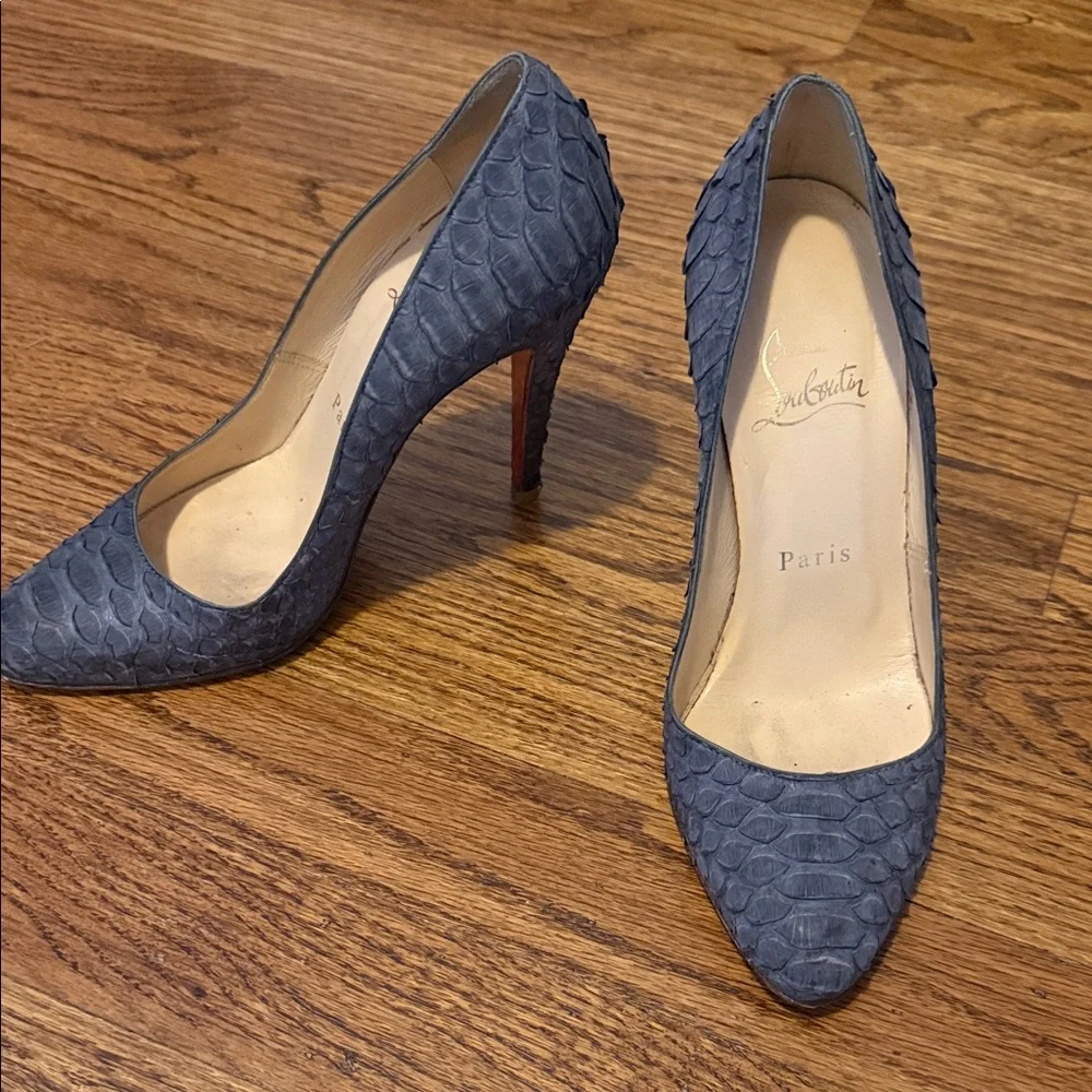 Christian Louboutin Blue Snakeskin-Texture Pointed-Toe Pumps
